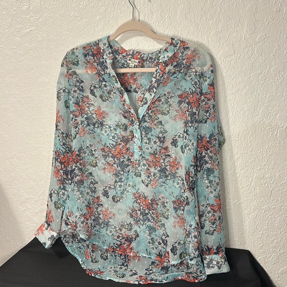 Kut from the Kloth Top Women Small Sheer Button Floral Long Sleeve USA feminine